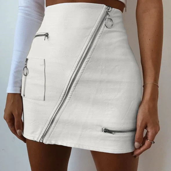 White Leather Zipper Skirt