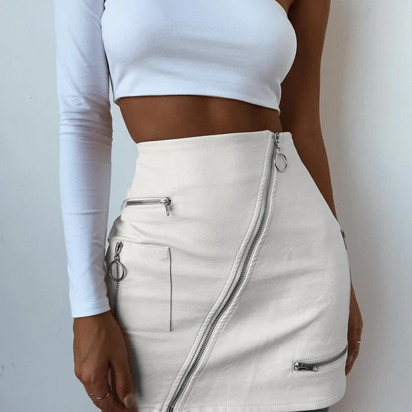 White Leather Zipper Skirt