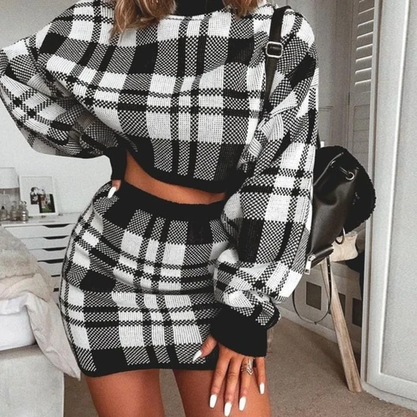 Plaid Knitted Two Piece